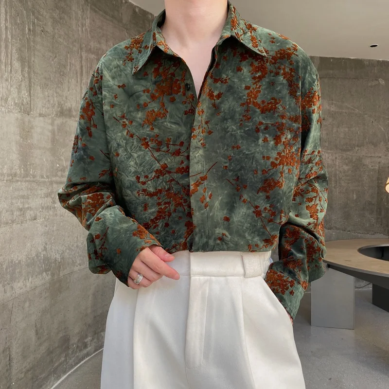 2023 Autumn Korean style unique flowers printed Velvet shirts men casual loose flower Velvet shirts M-XL - AliExpress 200000343