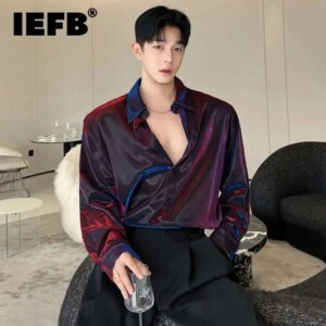 IEFB Korean New Chic Men Casual Shirt Trendy Liquid Metal Variable Shiny Design Fashion Loose Long Sleeve Top Men Clothing 9C584 - AliExpress 200000343