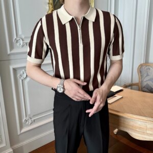 Men's Clothing Leisure Light Luxury Knitted Polo Shirt Korean Striped Zipper Short Sleeve Retro Breathable Fashion Knitwear Tees - AliExpress 200000343