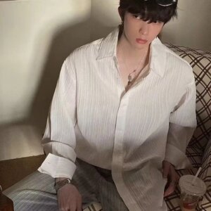 Spring Autumn Striped Pleated Men Long Sleeve Shirt Mature Korean Fashion Business Casual Loose Professional Clothes Black White - AliExpress 200000343