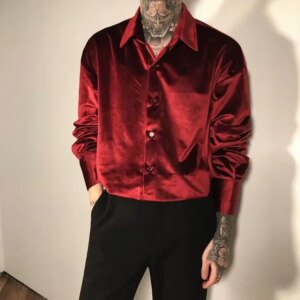 Streetwear Fashion Men Satin Wine Red Shirt Spring Summer Lapel Long Sleeve Clothing Vintage Casual Loose Chic Versatile Tops - AliExpress 200000343