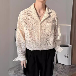 GARB Yuppie Style Mesh Cut-Out Long-Sleeved Shirt for Men – Trendy Cuban Collar Designer Casual Fashion Shirt