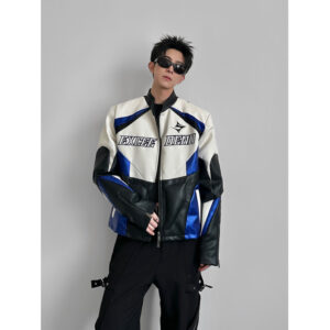 GARB Men’s Deconstructed Color-Block Patchwork Motorcycle Jacket – Spring