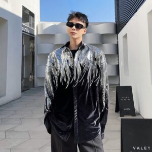 GARB Men’s Silver Sequin Feather Embroidered Velvet Shirt