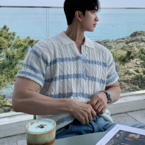 GARB Men’s Old Money Striped Knit Polo Shirt – Korean-Style Twisted Stripe Short-Sleeve Top with Loose Fit & Lapel Collar