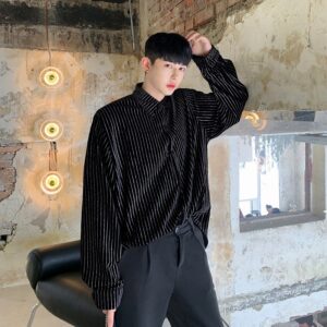GARB Men’s Silver Sequin Pinstripe Velvet Shirt – Gold Suede Texture Design