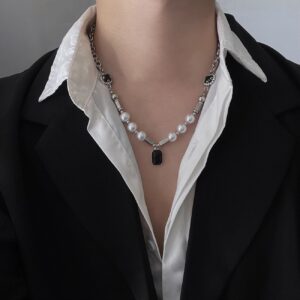 GARB Men’s Black Beaded Necklace – Pearl & Gemstone-Inspired Clavicle Chain, Minimalist Luxury Sweater Accessory