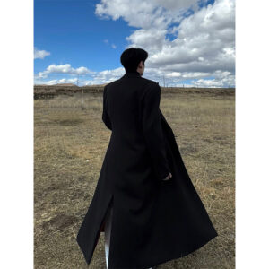 GARB Men’s Black & Red Color-Block Long Coat Y962 – Shoulder-Padded, Waist-Cinched Blazer-Style Trench Coat