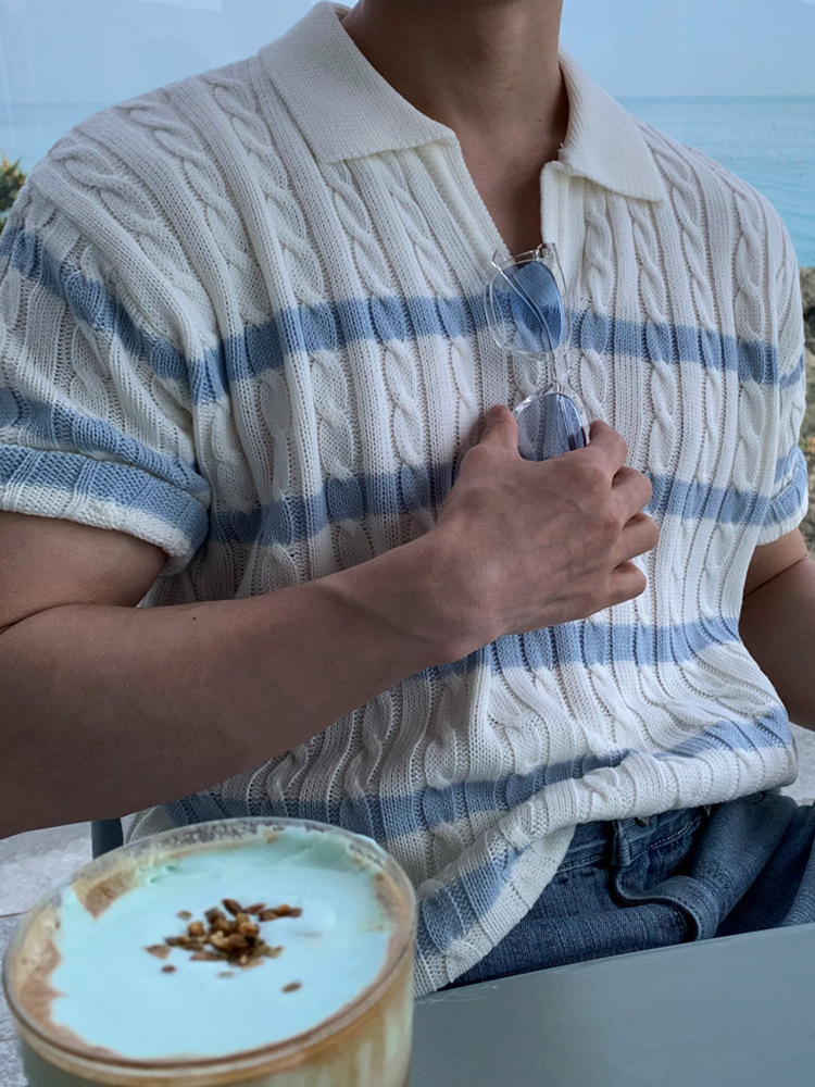 GARB Men’s Old Money Striped Knit Polo Shirt – Korean-Style Twisted Stripe Short-Sleeve Top with Loose Fit & Lapel Collar - Image 5