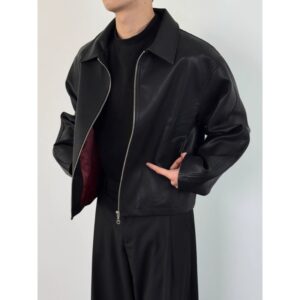 GARB Men’s Black PU Leather Biker Jacket – American Retro Loose-Fit Zip-Up Jacket